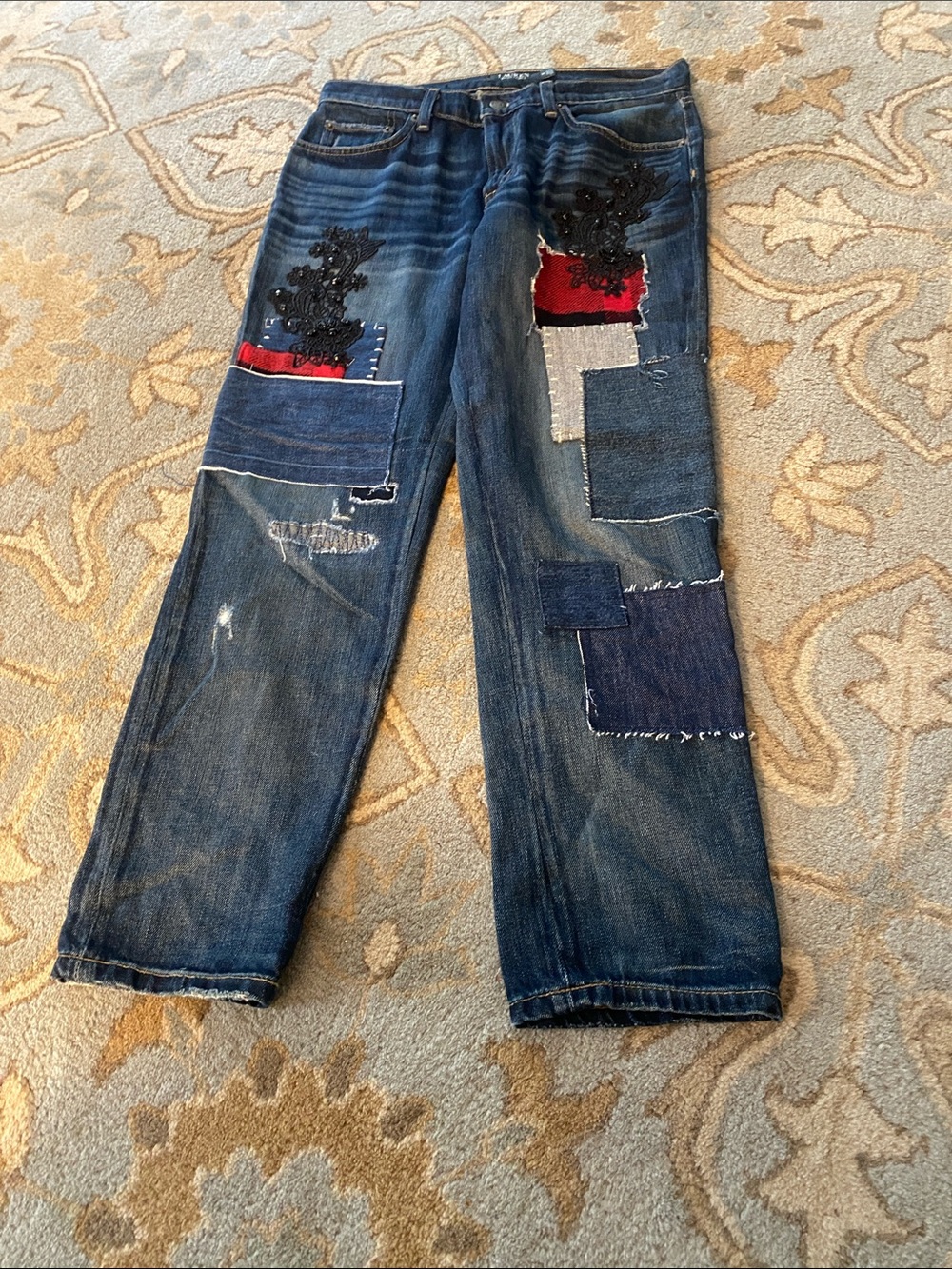 Lauren Patched Distressed Denim Jeans with Red & Navy Accents size 2P $100